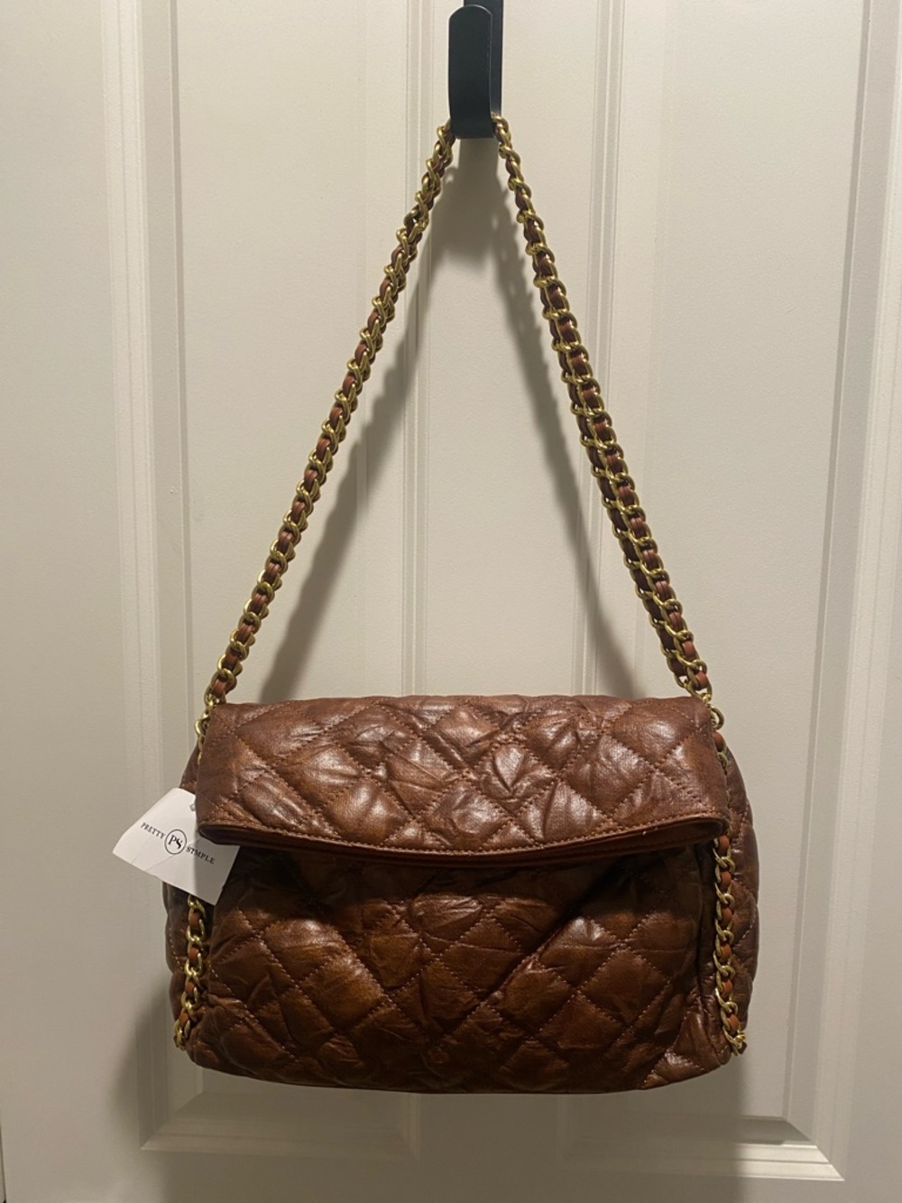 Pretty Simple Brown Quilted Shoulder Bag with Gold Chain Strap NWT